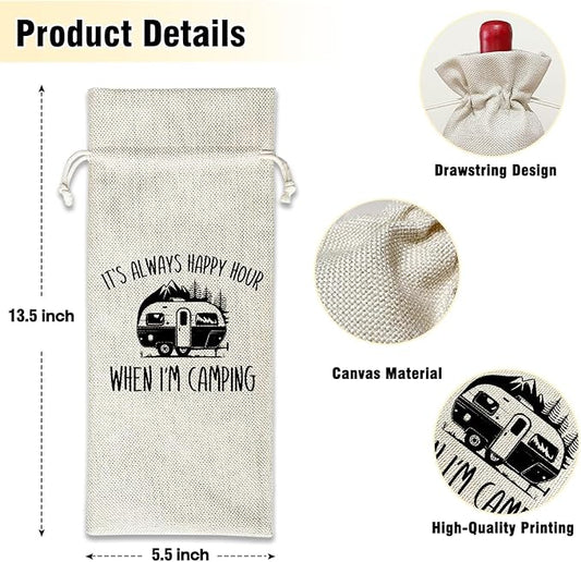 Wine Canvas Bag, Camper Gifts Wine Gift Bag, Camping Gift for Women Men Camper Friend Vacation Gifts Wine Bags for Wine Bottles, Wine Champagne Gifts With Drawstring Outdoor Party Decoration -WB11