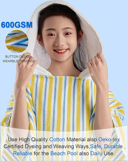 VOOVA & MOVAS Teens Beach Towels with Hood (8-16Years), Large Soft and Absorbent Cotton Hooded Pool Towel Poncho Robe - Versatile for Pool, Swim, and Bath, Blue Yellow Stripe
