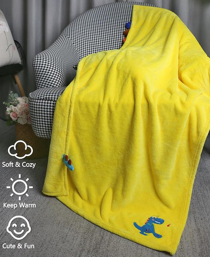 Kids Beach Towels Cute 3D Embroidery Dinosaur Super Absorbent Warm Coral Fleece Blanket Pool Bath Towel Wrap for Boys Girls, Measures 53.5 x 29.3 Inches