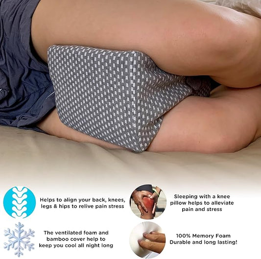 Sacred Thread Memory Foam Knee Pillow for Side Sleepers, for Knee, Hip, and Back Pain, Cooling Rayon Made from Bamboo Cover, Pillow for Between Legs (Grey Bone)
