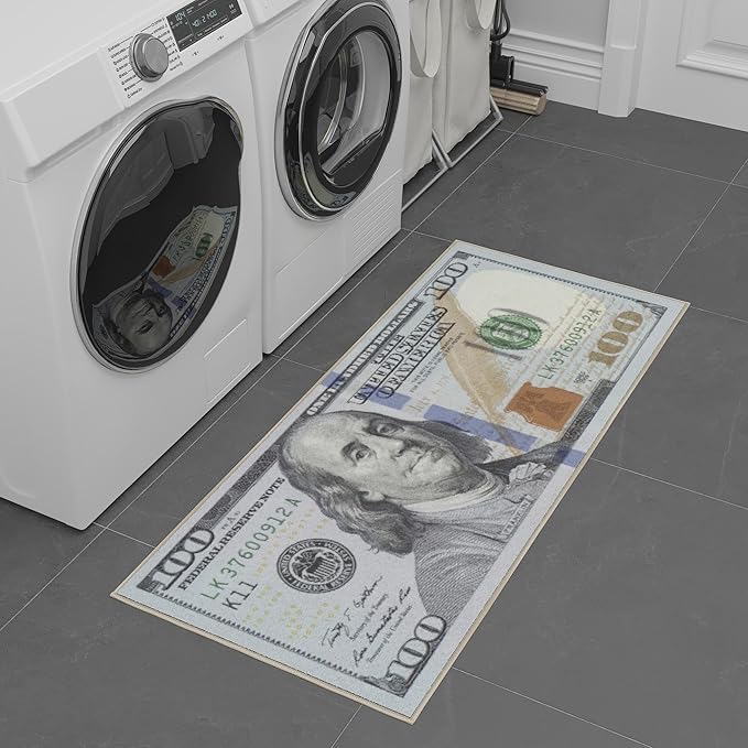Ottomanson Machine Washable $100 Bill Design Indoor 22x53 Modern Runner Rug for Hallway, Kitchen, Bedroom, 22" x 53", Green/Multicolor
