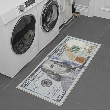 Ottomanson Machine Washable $100 Bill Design Indoor 22x53 Modern Runner Rug for Hallway, Kitchen, Bedroom, 22" x 53", Green/Multicolor