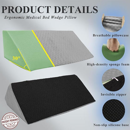 Bed Wedge Pillow for Side Sleeping Sponge Filled Body Positioning Triangle Pillow Suitable for Pregnancy and Surgery Prevent Bed Sore for Leg and Back Support with Pillow Case (Light Gray)