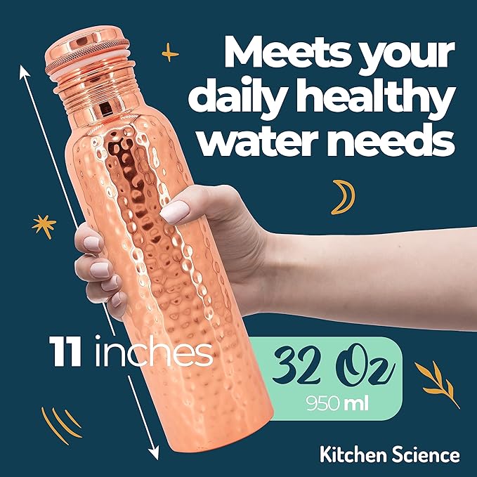 Copper Water Bottle (34oz/1000ml) w/a Carrying Canvas Bag | 100% Pure Copper Bottle for Drinking Water | Lab-Tested, Heavy Duty & Leak-Proof | Authentic Ayurvedic Copper Water Bottle
