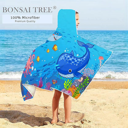 Blue Sea World Hooded Beach Towel for Kids, Cute Bath Towel with Hood, Boy Microfiber Super Absorbent Soft Poncho Bathrobe for Swin Pool 30”x50”
