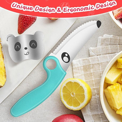 Kids Knife Set for Real Cooking with Finger Guard & Educational Ring, Toddler Kitchen Montessori Tool Set for Training Cutting, Stainless Steel Blade & Safety Edge for Beginner (Blue)