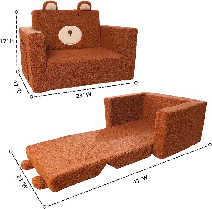 LonSEA Furniture, Teddy Bear, Baby Chair for Toddler, Toddler Bed, Convertible Sofa to Lounger - Comfy 2-in-1 Flip Open Couch/Sleeper for Kids, Toddler Cot, Brown