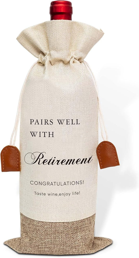 Retired Gifts Wine Champagne Bag, Retirement Wine Bag, Pairs Well With Retirement, Cotton Linen Wine Gift Bag With Drawstring, Retired Gifts Leaving Gifts for Coworkers Boss,Retirement Gifts for Women