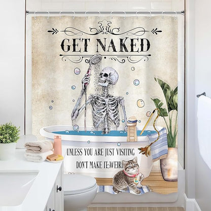 Funny Skull Skeleton Shower Curtain 60Wx72L Inch Gothic Spooky Cute Cat Cool Unique Bone in Bathtub Retro Horror Scary Bathroom Set Halloween Plant Bath Curtain Bathtub Accessories Home Decor