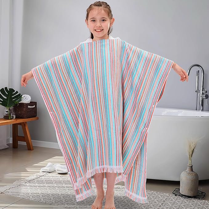 VOOVA & MOVAS Hooded Beach Towel for Big Kids | Large (8-16Years) Soft and Absorbent Cotton Poncho Towel Robe for Pool, Swim, and Bath, Rainbow