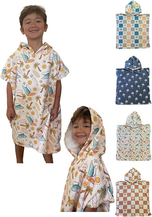Kids Hooded Towel Poncho - Kids Beach Poncho - Kids Surf Poncho - Kids Pool Towel - Kids Beach Towel - Swim Coverup for Kids - Kids Beach Towel Poncho (Surfboard Smiley)