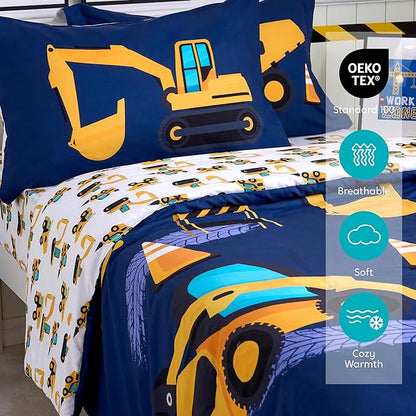 Joiedomi Kid Twin Comforter Set - 5 Piece Construction Vehicle Bedding Set for Boys/Girls - Super Soft Microfiber Bed in a Bag with Comforter, Sheets, Pillowcase & Sham