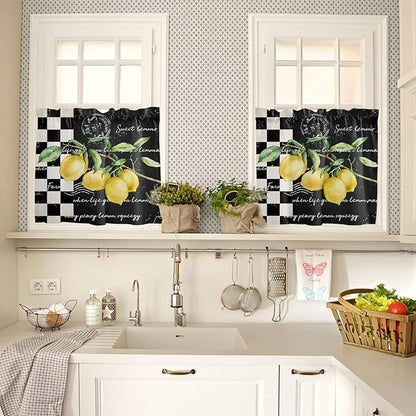 Kitchen Curtains and Valances Set,Summer Tropical Lemon Window Treatments Tiers Buffalo Plaid Black White Semi Sheer Half/Short Curtains for Small Windows Cafe /Living Room/ Bedroom 54x36 in, 3-Piece