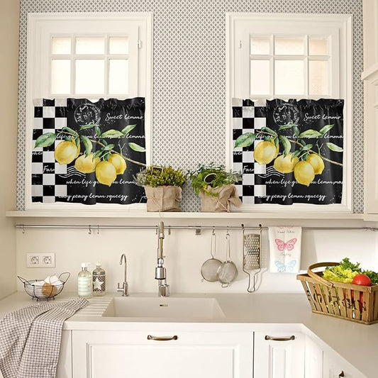 Kitchen Curtains and Valances Set,Summer Tropical Lemon Window Treatments Tiers Buffalo Plaid Black White Semi Sheer Half/Short Curtains for Small Windows Cafe /Living Room/ Bedroom 54x36 in, 3-Piece