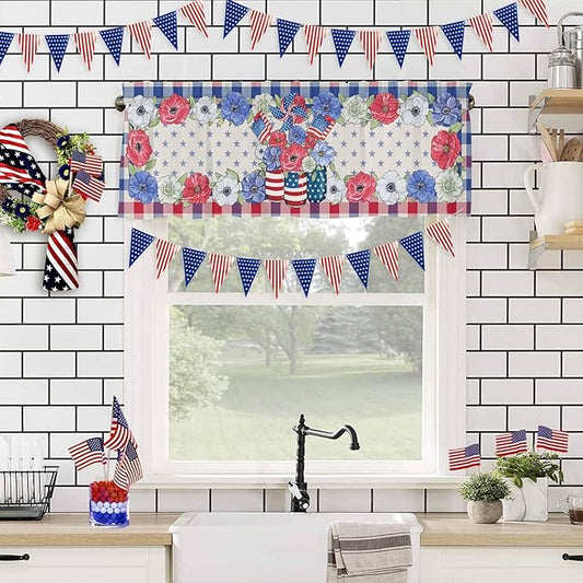 4th of July Kitchen Curtains Valances for Windows Patriotic Memorial Day Vases Flowers Rod Pocket Window Treatment for Kitchen/Living Room/Bedroom/Bathroom, 42" X 18", Blue Red Buffalo Plaid