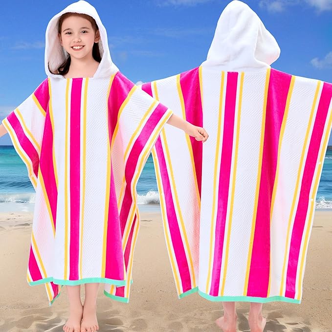 VOOVA & MOVAS Hooded Beach Towels for Boys| Girls | Teens (8-16Years), 100% Cotton Thick Poncho Towel Robe for Kids, Perfect for Pool, Beach, Bath and Gifts,Red Yellow Stripe
