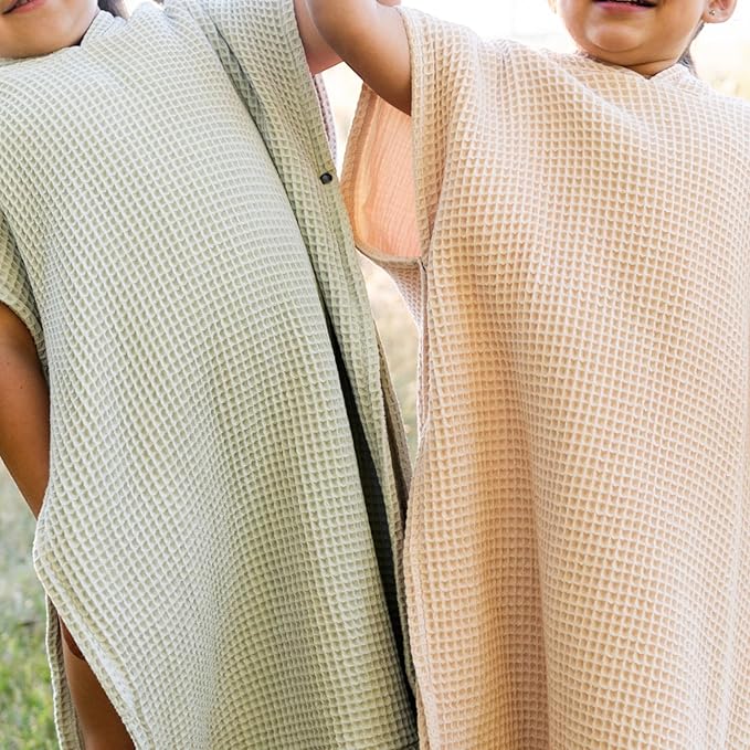 Hooded Towel for Kids | Snaps into a Poncho | Organic Cotton Waffle | Lightweight and Absorbent | Bath, Beach, and Pool | Multiple Colors | (Large (6-10 Yrs), Cloud)