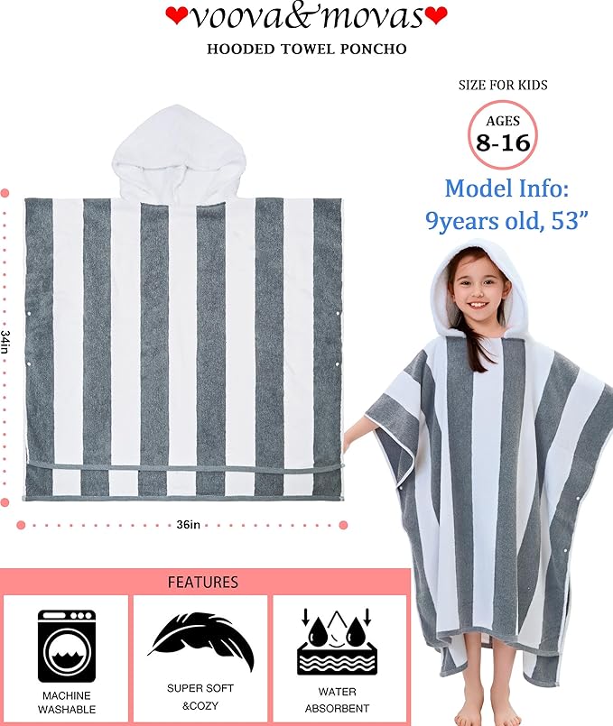 VOOVA & MOVAS Quick Dry Hooded Beach Towels for Boys| Girls | Teens (8-16Years), Absorbent 100% Cotton Thick Poncho Towel Robe for Kids, Perfect for Pool, Beach, Bath and Gifts, Gray White Stripe