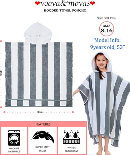 VOOVA & MOVAS Quick Dry Hooded Beach Towels for Boys| Girls | Teens (8-16Years), Absorbent 100% Cotton Thick Poncho Towel Robe for Kids, Perfect for Pool, Beach, Bath and Gifts, Gray White Stripe