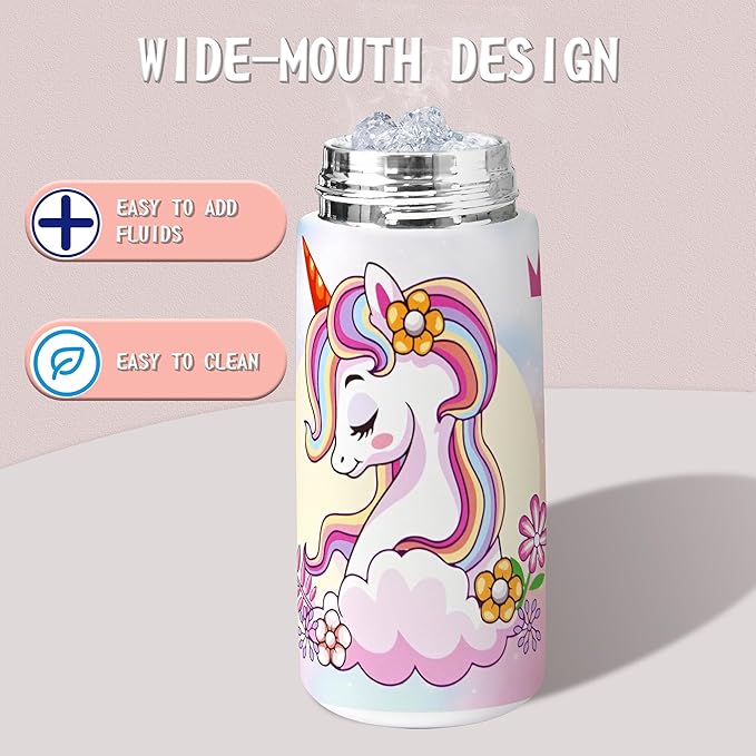 Kids Insulated Water Bottle with Covered Pop-Up Straw,16oz Toddler Cups with Stainless Steel Leak Proof for School Boys Girls Pink（1-Unicorn）
