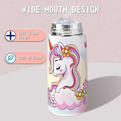 Kids Insulated Water Bottle with Covered Pop-Up Straw,16oz Toddler Cups with Stainless Steel Leak Proof for School Boys Girls Pink（1-Unicorn）