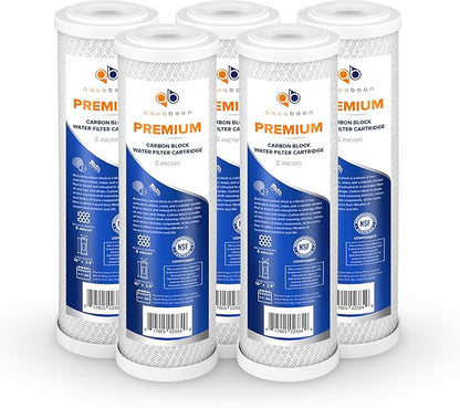 Aquaboon 5 Micron Water Filter 10 x 2.5 - Premium Carbon Block Water Filter - Carbon Water Filter Cartridges - Whole House Water Filter Cartridge Replacement Compatible with FXWTC, WFPFC8002, 5 Pack