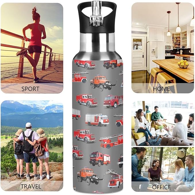 Fire Truck Stainless Steel Water Bottle with Straw Lid - 20 Oz Sports Insulated Water Bottle Thermos for Sport Gym Outdoor Travel School (DZ006)