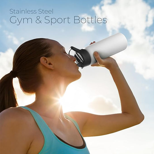 SipX™ Triple-Insulated Stainless Steel Water Bottle 25oz. With 3 Lids, BPA-Free Reusable Insulated Water Bottle Keeps Cold 24 Hours, Metal Water Bottle Made Of Sustainable Material For Hiking & Biking