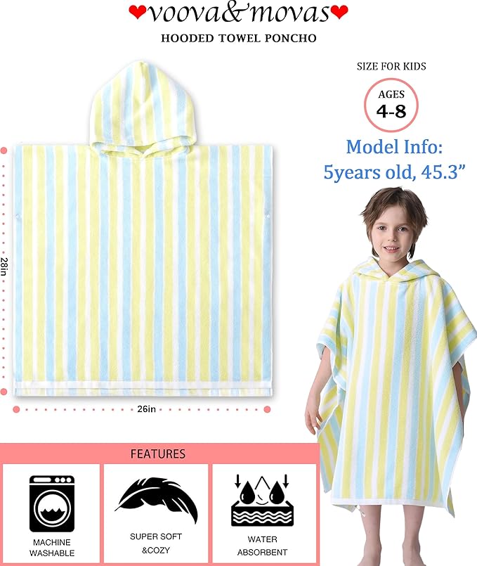 VOOVA & MOVAS Poncho Towels for Kids - 100% Cotton (4-8Years) - Absorbent Quick Dry Lightweight Hooded Towel Robe for Pool | Swim | Beach | Bath | Bathroom, Yellow Blue Stripe