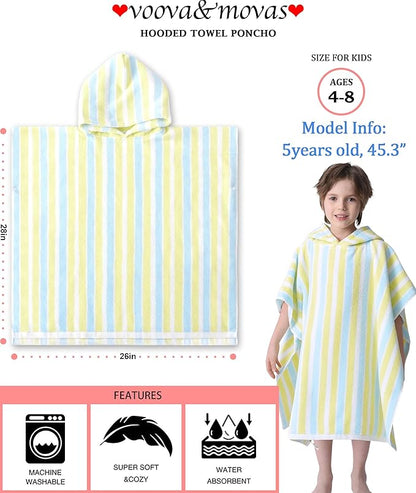 VOOVA & MOVAS Poncho Towels for Kids - 100% Cotton (4-8Years) - Absorbent Quick Dry Lightweight Hooded Towel Robe for Pool | Swim | Beach | Bath | Bathroom, Yellow Blue Stripe