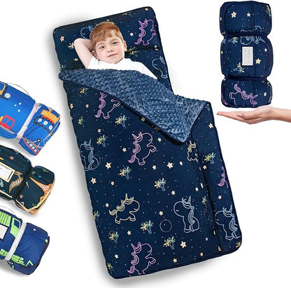 Nap Mat- Toddler Nap Mat with Pillow & Fleece Blanket- 55''*35''*3'' Nap Mat for Toddlers- Nap Mats for Preschool, Daycare