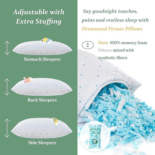 Cooling Pillows Queen Size Set of 2 with Extra Stuffing Adjustable 100% Shredded Memory Foam Pillows Firmer & Soft with Washable Cover Bed Pillows for Side Back Stomach Sleeper Hypoallergenic