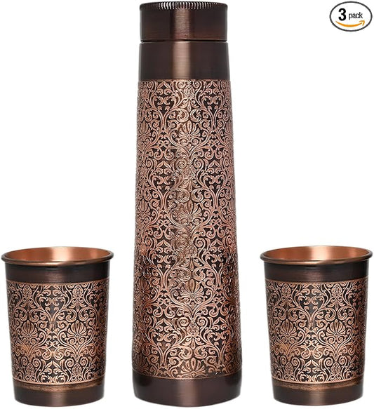 Pure Copper Water Bottle with 2 Tumblers Set, Beautiful Floral Pattern Light House Shape For Ayurveda Health Benefits