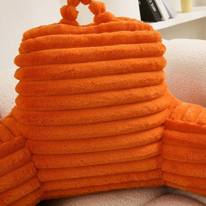 WERDIM Reading Pillow for Sitting in Bed, Faux Fur Back Pillow for Bed Rest, Bed Chair Pillow with Arms and Pockets(Standard, Orange)