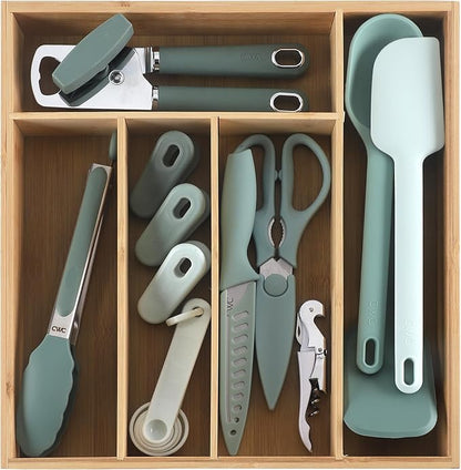 COOK WITH COLOR Bamboo Kitchen Utensil Set with Drawer Organizer | Cooking Tools and Storage Caddy, Sage, 18 Piece Gadget Set
