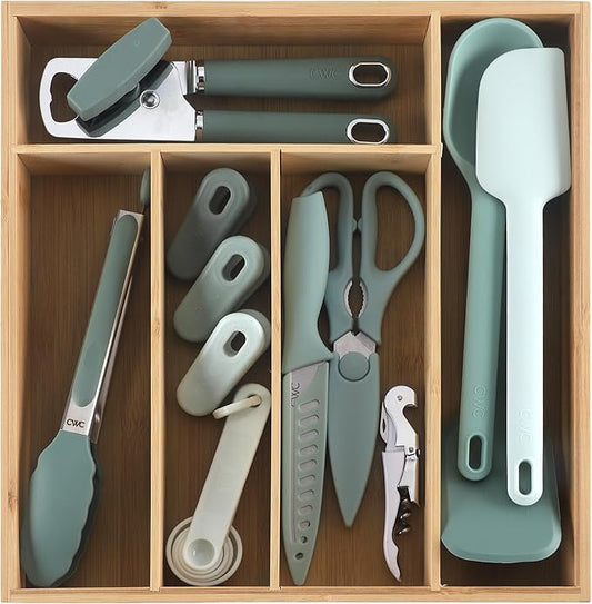 COOK WITH COLOR Bamboo Kitchen Utensil Set with Drawer Organizer | Cooking Tools and Storage Caddy, Sage, 18 Piece Gadget Set