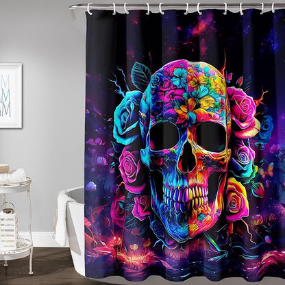 AILONEN Sugar Skull Shower Curtain for Bathroom,Romantic Rose Flower Skull Bath Curtain Decoration,Colorful Skeleton Print Waterproof Purple Curtain with 12 Plastic Hooks, 36" W*72" H