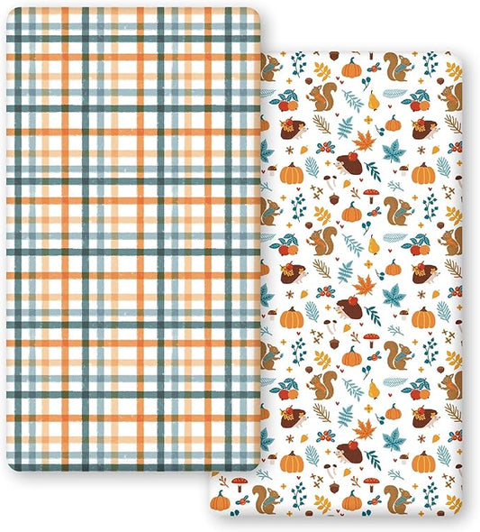 Horaldaily 2 Pack Fitted Crib Sheet for Boys Girls,Soft Breathable Washable Jersey Microfiber Baby Crib Sheet, Fits Standard Size Crib Mattress 28in x 52in, Animals Stripe Nursery Sheet Green/Orange