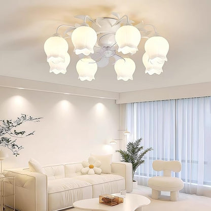 Flower Ceiling Fan with Light: White Flower Fan Lights for Girls Bedroom - Flush Mount Fandelier for Living Room - 8-Light Modern Chandelier with Fan for Home Decor Enthusiasts