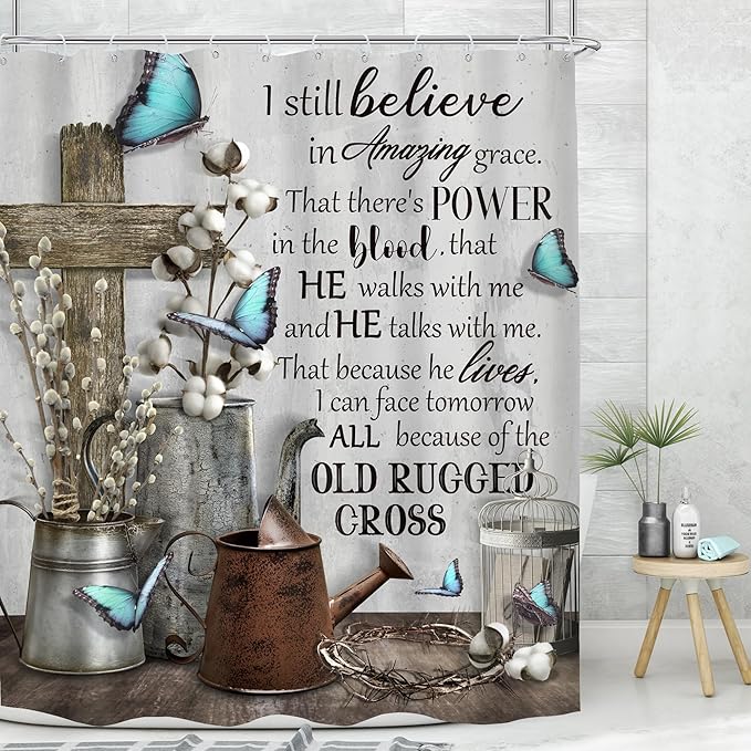 MESHELLY Rustic Farmhouse Christian Shower Curtain 60Wx72H Bible Verse Blue Butterfly Bathroom Curtain Vintage Inspirational Quotes Scriptures Motivational Country Fabric Bathroom Decor with 12 Hooks
