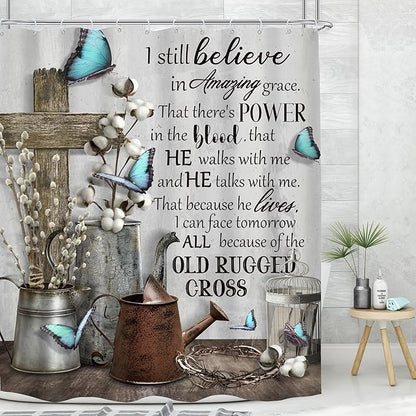 MESHELLY Rustic Farmhouse Christian Shower Curtain 60Wx72H Bible Verse Blue Butterfly Bathroom Curtain Vintage Inspirational Quotes Scriptures Motivational Country Fabric Bathroom Decor with 12 Hooks