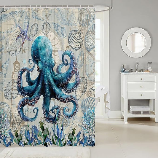Feelyou Octopus Fabric Shower Curtain Sea Themed Shower Curtain for Kids Boys Girls Shells and Corals Bathroom Waterproof Accessories with 12 Hooks Blue and Brown Curtains,72X72 Inches