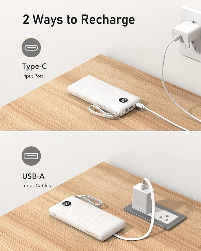 VEEKTOMX Portable Charger with Built-in Cables - 10000mAh Power Bank for iPhone - Slim Fast Charge USB C Battery Pack - Small Travel Essentials Powerbank, Compatible with iPhone, Samsung, Android, etc