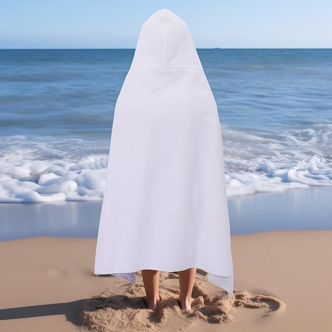 Hooded Bath Towel Wrap - 100% Cotton Popcorn Large Oversized Hooded Kids Towel - Toddler Shower Pool Beach Towel -600 GSM- Soft Absorbent Quick Dry Easy Care Gift - 30x52 inches - White