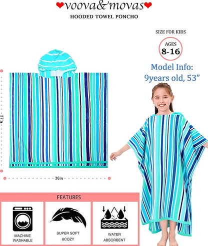 VOOVA & MOVAS Teens Hooded Poncho Towels (8-16Years), 100% Cotton Thick Poncho Towel Robe for Kids, Perfect for Pool, Beach, Bath and Gifts,Blue Green Stripe