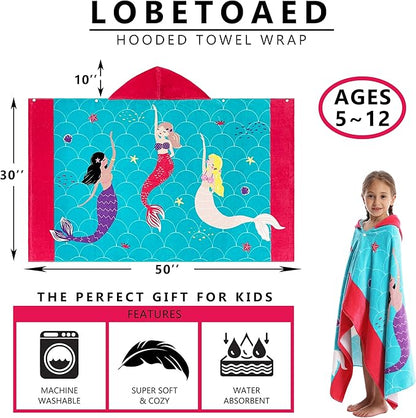 Kids Hooded Beach Bath Towel, Baby Surf Poncho Toddlers Soft Real Cotton Wrap Hooded Towels for Kids Boy Girl