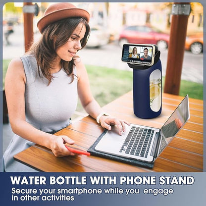Glass Water Bottles 64 oz - Half Gallon Water Bottle with Straw Phone Holder Handle Time Marker and Silicone Sleeve, Large Motivational Water Jug with Carrier Bag for Daily Intake Gym Blue
