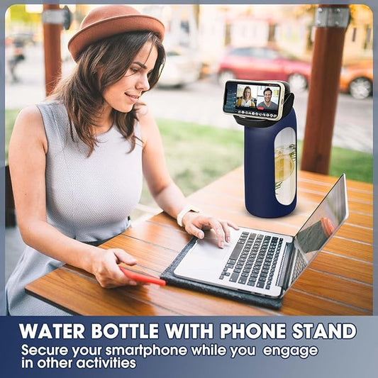 Glass Water Bottles 64 oz - Half Gallon Water Bottle with Straw Phone Holder Handle Time Marker and Silicone Sleeve, Large Motivational Water Jug with Carrier Bag for Daily Intake Gym Blue