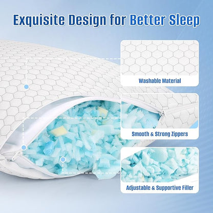 Shredded Memory Foam Pillow for Sleeping, Cooling Bed Pillows Set of 2, Adjustable Pillows for Side, Back, Stomach Sleepers with Washable Pillowcase (Standard Size, Grey)