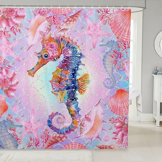 Feelyou Colorful Seahorse Shower Curtain Ocean Themed Fabric Shower Curtain for Kids Shells and Corals Bathroom Waterproof Accessories with 12 Hooks Pink and Blue Ombre Curtains,72X84 Inches
